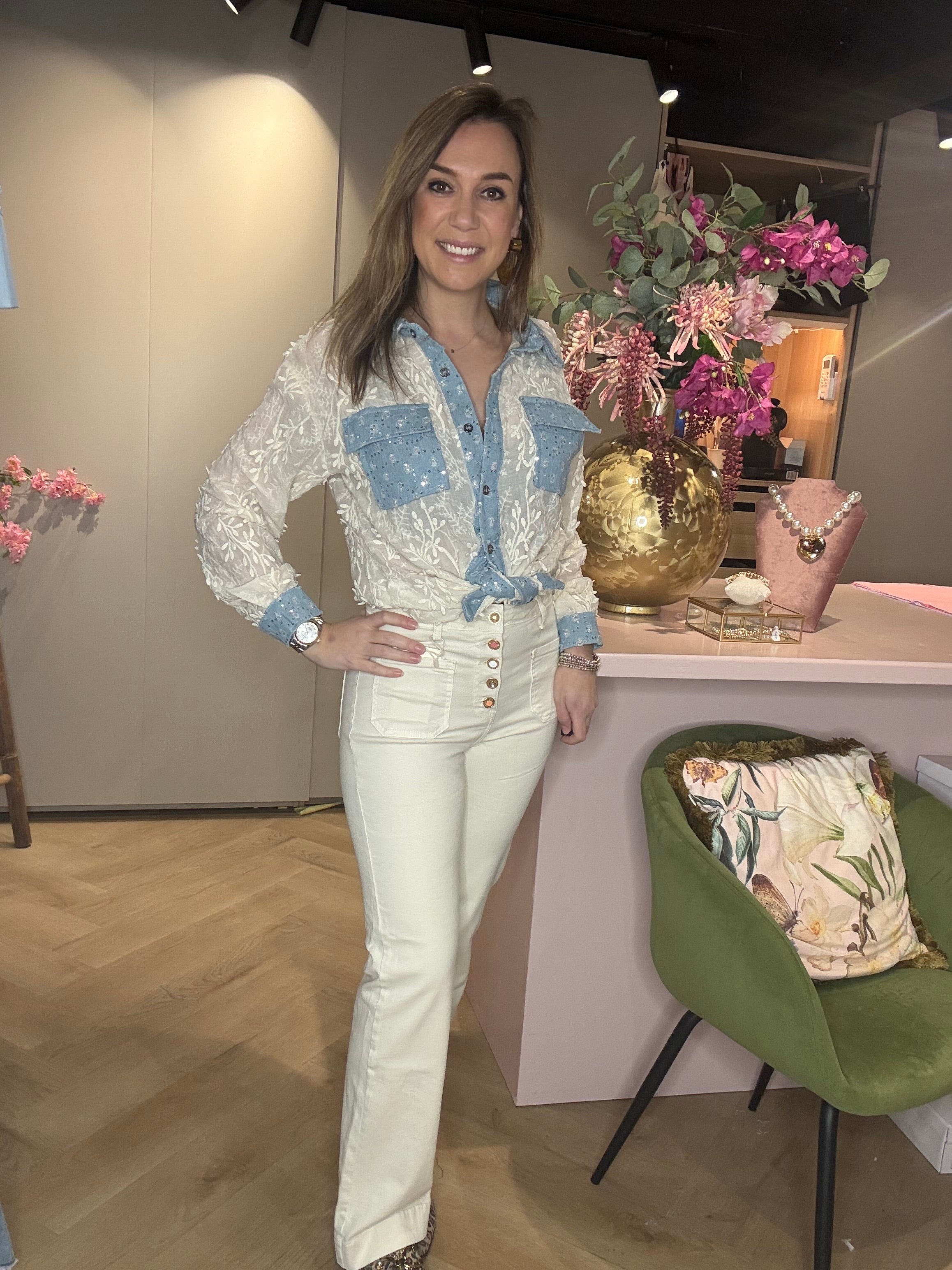 Broek Jeans Knoop detail Crème